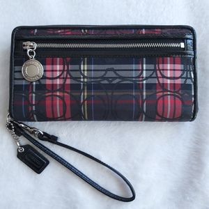 Coach Red & Black Tartan Zip Around Acordian Wristlet Wallet